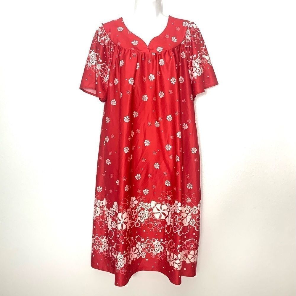 Vintage Boho Red Hawaiian Plumeria Boho Mumu Housedress
